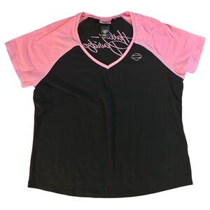 Harley-Davidson Women's V-Neck Pink and Black Tee